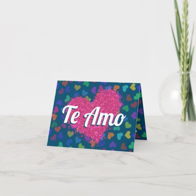 Rosa Glitter Heart Te Amo Typografi Helgkort (Framsida)