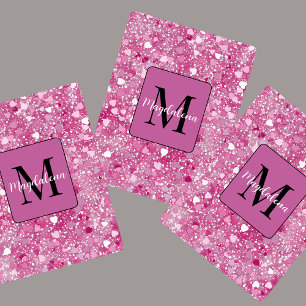 Rosa Glitter Hearts Namn Monogram Girly Casinokort