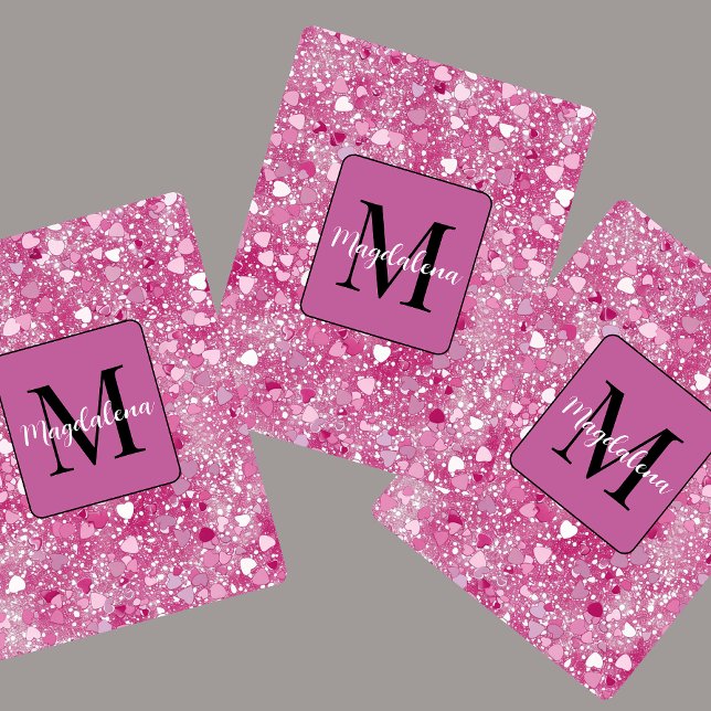 Rosa Glitter Hearts Namn Monogram Girly Casinokort (Skapare uppladdad)