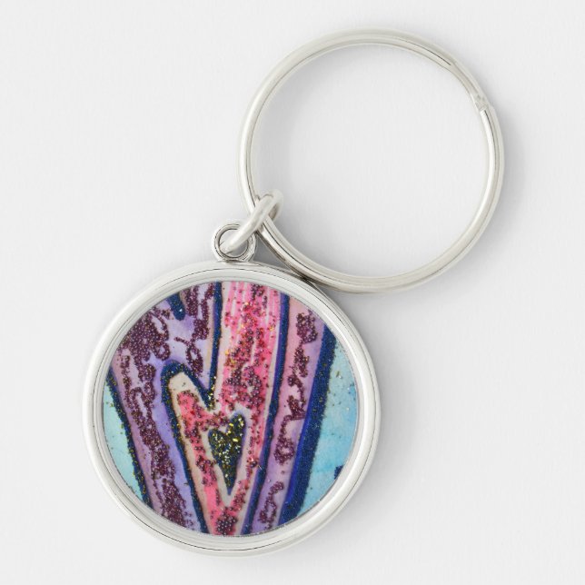 Rosa Glitter Hearts Pendant Art Charm Keychains Rund Silverfärgad Nyckelring (Framsidan)