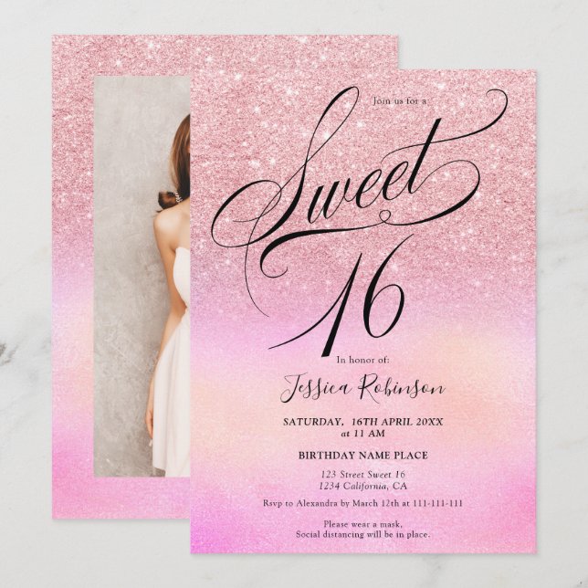 rosa glitter holografiskt skript chic Sweet 16 Inbjudningar (Fram/baksida)