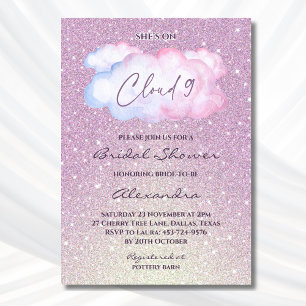 Rosa Glitter Hon är på molnet 9 Möhippa Inbjudningar