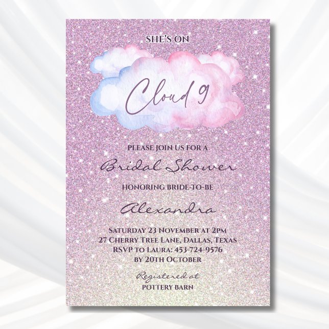 Rosa Glitter Hon är på molnet 9 Möhippa Inbjudningar (Skapare uppladdad)