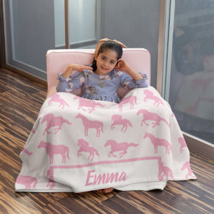 Rosa Glitter Horse Mönster Little Girl First Namn Fleecefilt