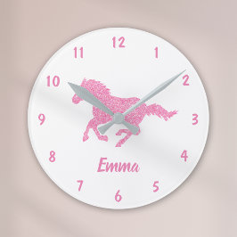 Rosa Glitter Horse Mönster Little Girl First Namn Rund Klocka