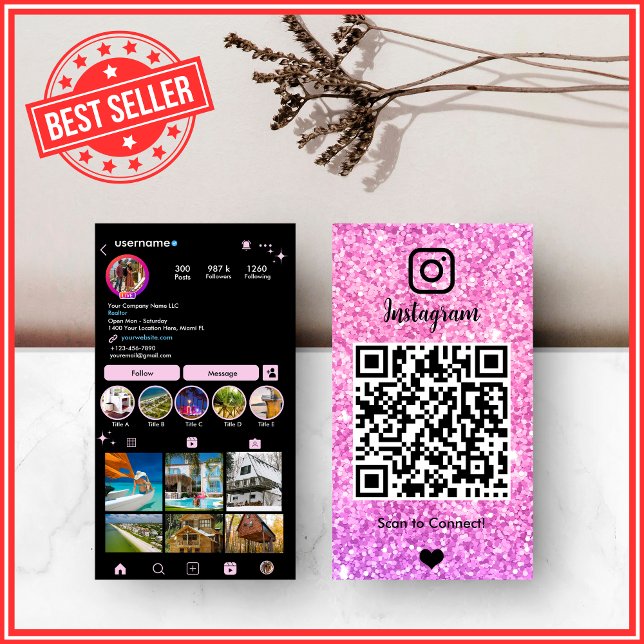 Rosa Glitter Instagram LUXURY QR-kod Visitkort (Skapare uppladdad)