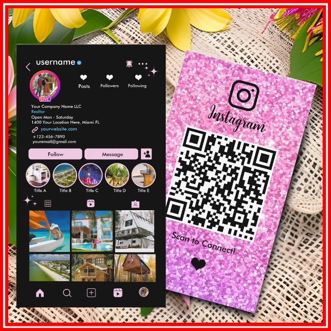 Rosa Glitter Instagram LUXURY QR-kod Visitkort (Skapare uppladdad)