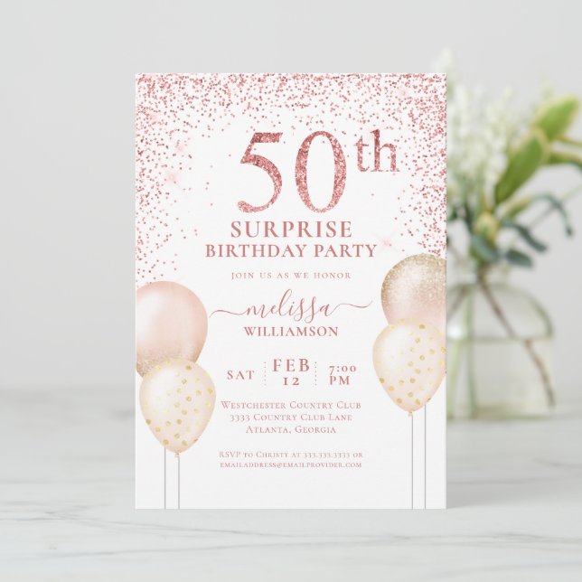 Rosa Glitter Kalligrafi Surprise 50:e födelsedagen Inbjudningar (Stående Fram)