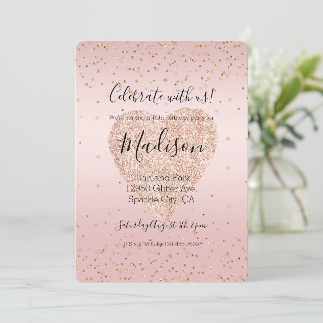  Rosa Glitter Kärlek Guld Konfetti Heart Inbjudningar (Stående Fram)
