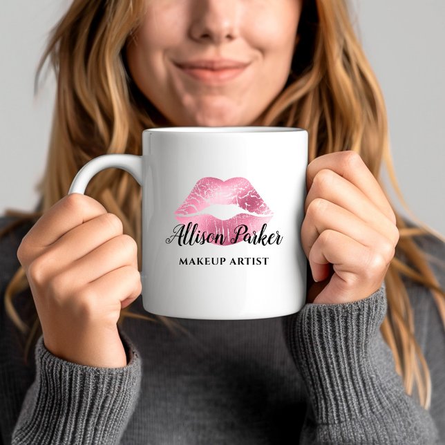 Rosa Glitter Kiss Läppar Business Makeup Artist Kaffemugg (Pink Glitter Kiss Lips Business Makeup Artist Coffee Mug)