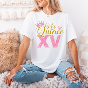 Rosa Glitter Krona Mis Quince XV Quinceanera Party T Shirt