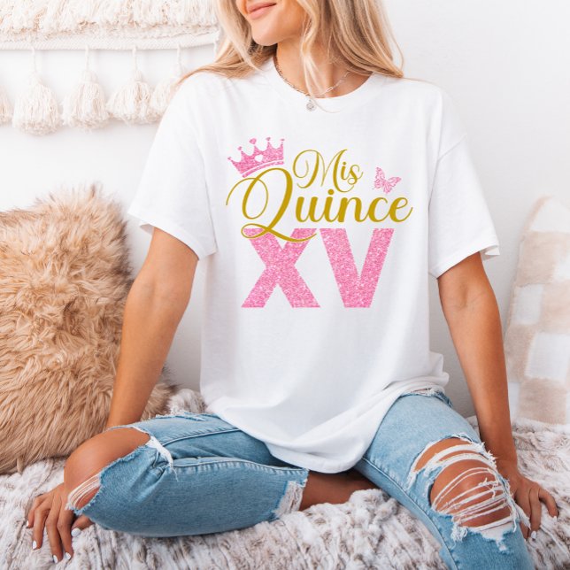 Rosa Glitter Krona Mis Quince XV Quinceanera Party T Shirt (Pink Glitter Crown Mis Quince XV Quinceanera Party T-Shirt)