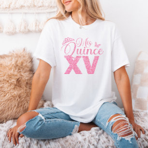 Rosa Glitter Krona Mis Quince XV Quinceanera Party T Shirt
