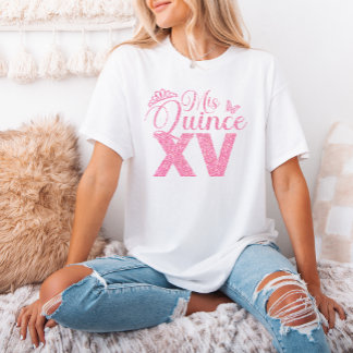 Rosa Glitter Krona Mis Quince XV Quinceanera Party T Shirt
