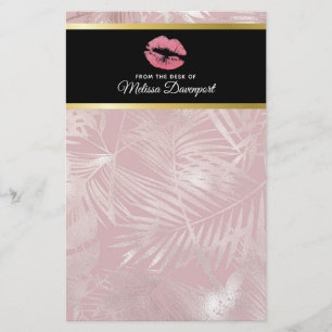 Rosa Glitter Läppar och Ro Guld Tropiska Löv Brevpapper