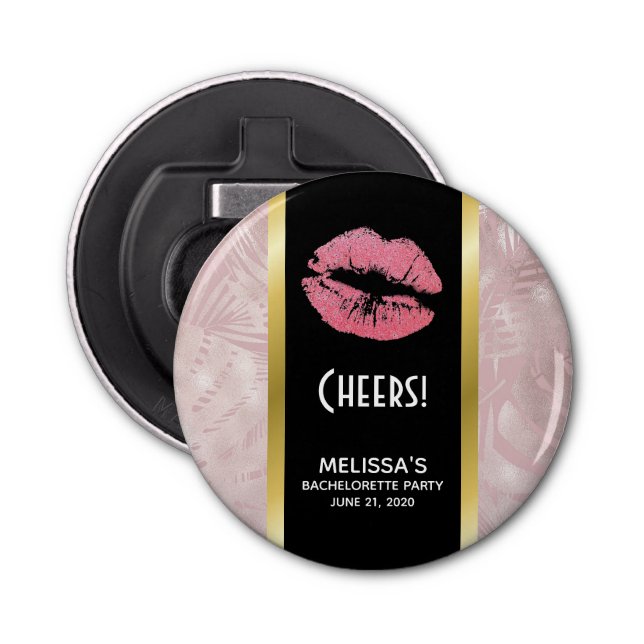 Rosa Glitter Läppar och Ro Guld Tropiska Löv Flasköppnare (Framsidan)