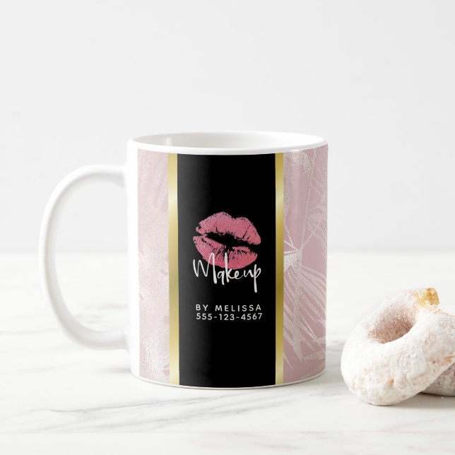 Rosa Glitter Läppar och Ro Guld Tropiska Löv Kaffemugg (Med munk)