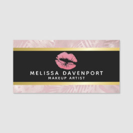 Rosa Glitter Läppar och Ro Guld Tropiska Löv Namnbricka