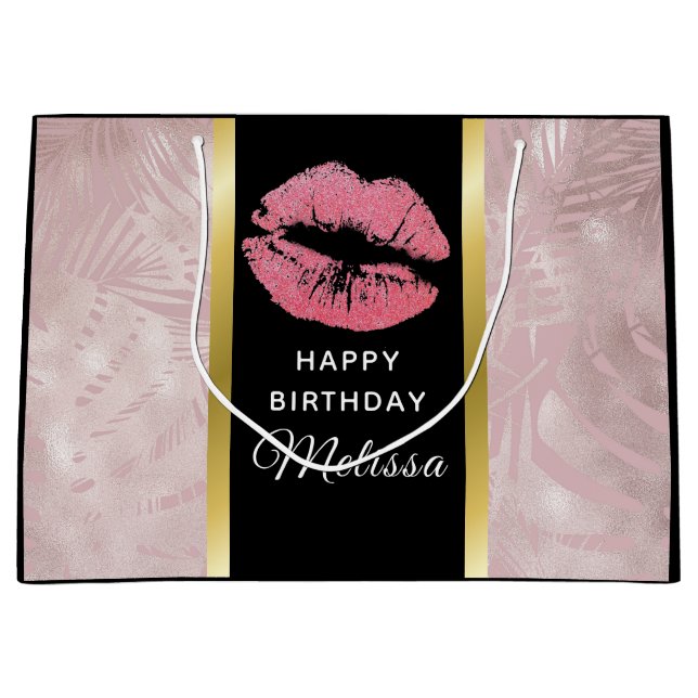 Rosa Glitter Läppar & Ro Guld Löv födelsedag (Framsidan)