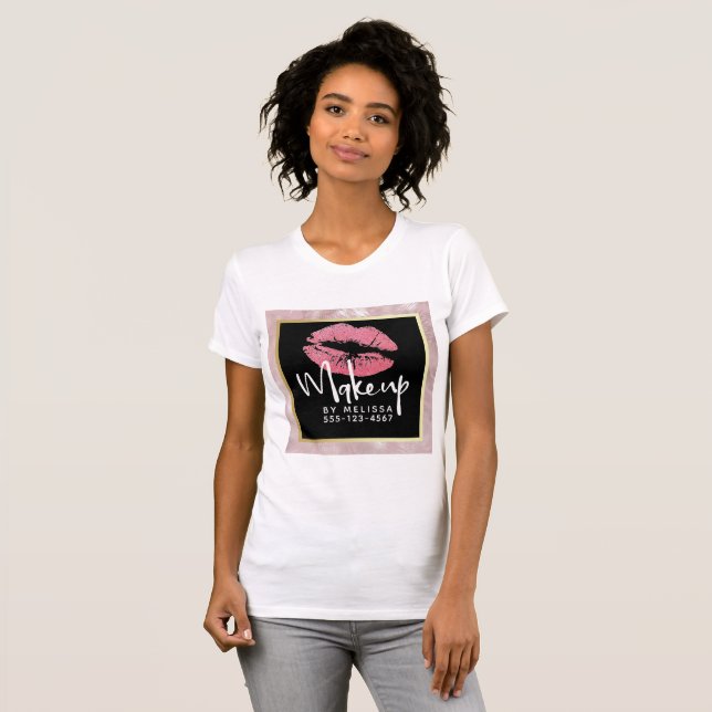 Rosa Glitter Läppar & Ro Guld Löv Makeup Biz T Shirt (Hel framsida)