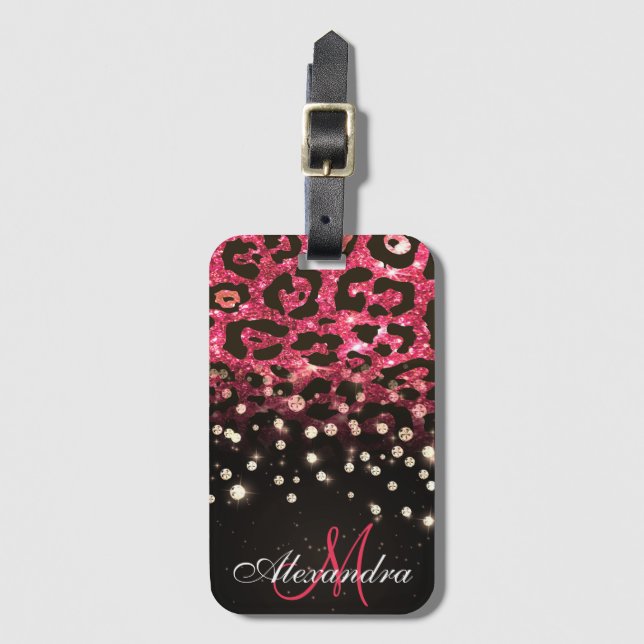 Rosa Glitter Leopard Print and Diamonds Bagagebricka (Framsida vertikal)
