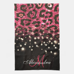 Rosa Glitter Leopard Print and Diamonds Kökshandduk