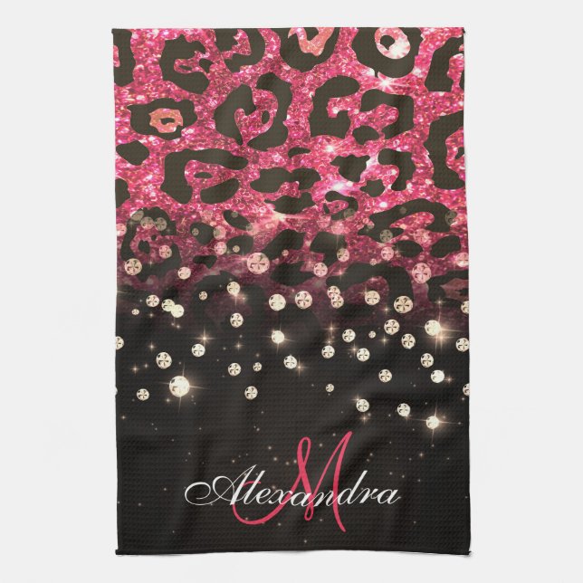 Rosa Glitter Leopard Print and Diamonds Kökshandduk (Vertikal)
