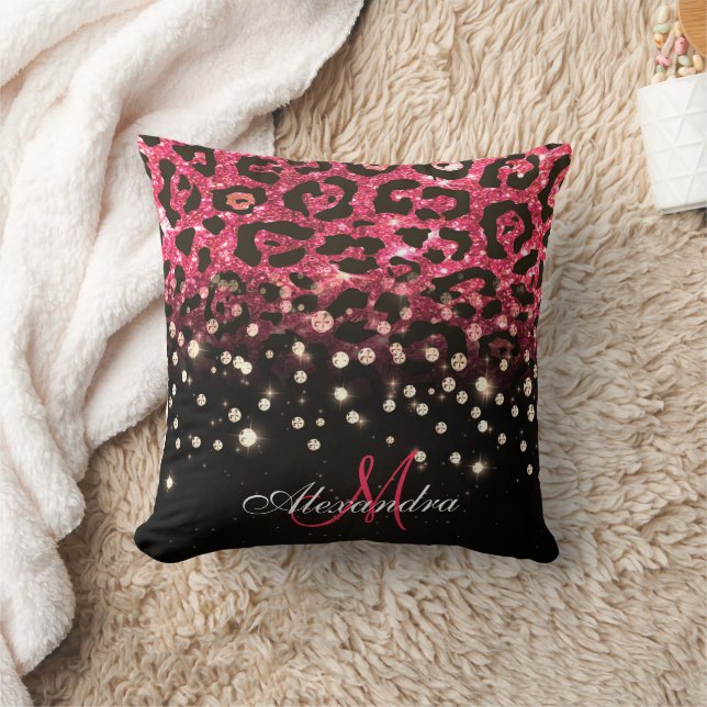 Rosa Glitter Leopard Print and Diamonds Kudde (Filt)