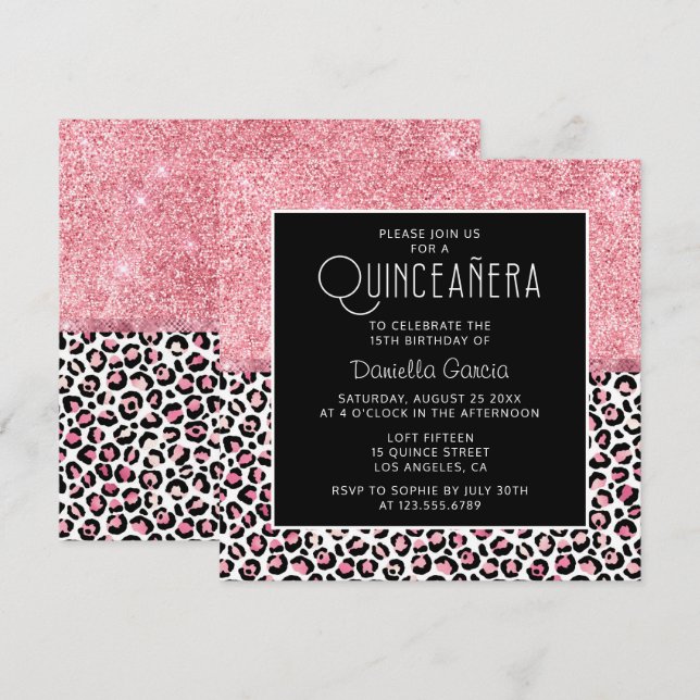 Rosa Glitter Leopard Skriv ut Shimmer Quinceañera Inbjudningar (Fram/baksida)