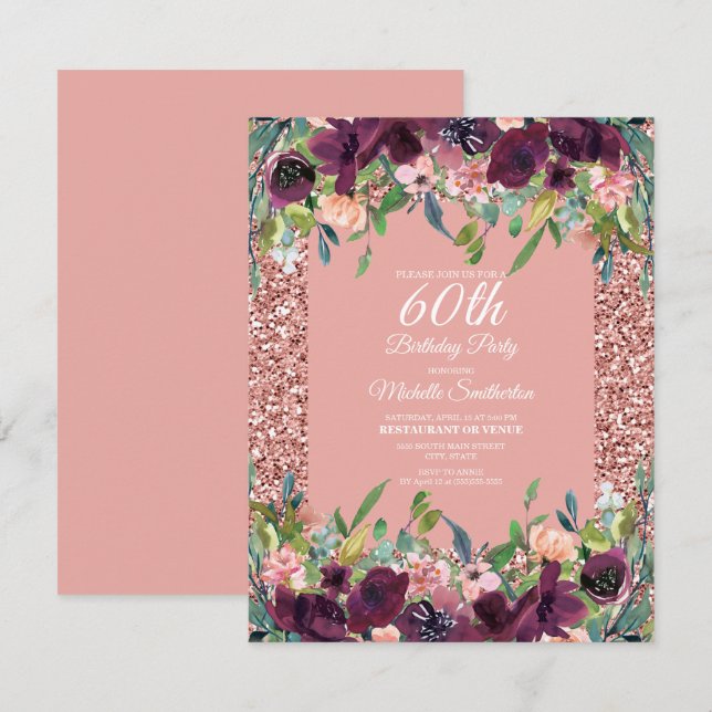 Rosa glitter lila blommig 60-årsdag för kvinnor kort (Fram/baksida)