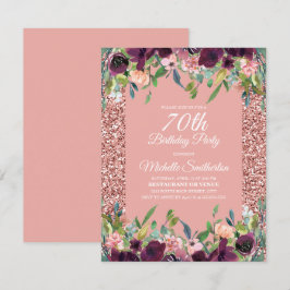 Rosa glitter lila blommig 70-årsdag kort
