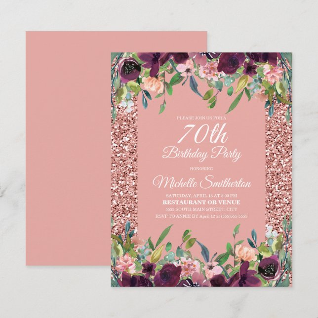 Rosa glitter lila blommig 70-årsdag kort (Fram/baksida)