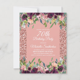 Rosa Glitter Lila Blommigt 70:e födelsedagen Kort
