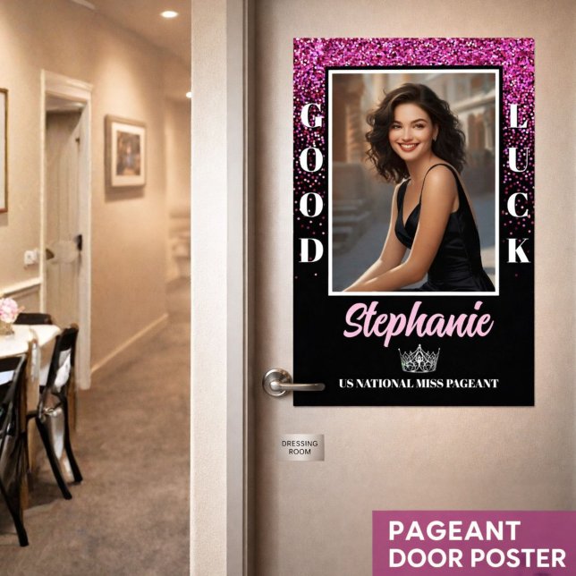 Rosa Glitter Lycka Till Skönhetstävling Dörr Poste Poster (Custom pageant send-off door poster for contestants, titleholders, pageant moms, and supporters)