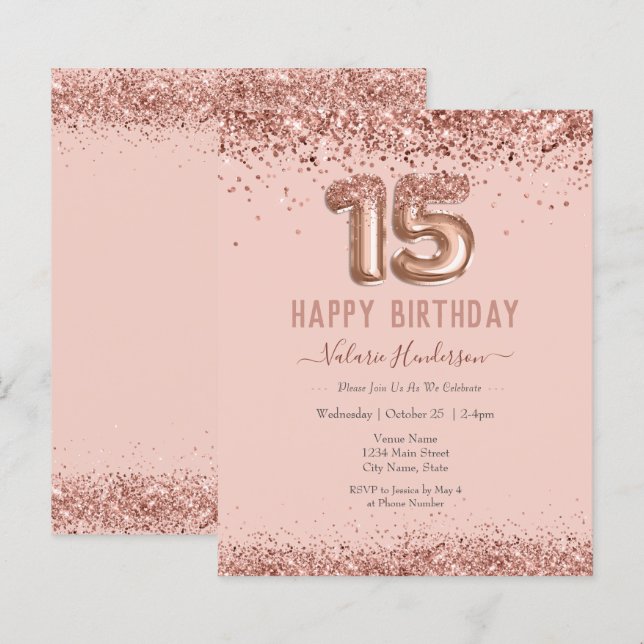  Rosa Glitter Lycklig 15:e födelsedag (Fram/baksida)