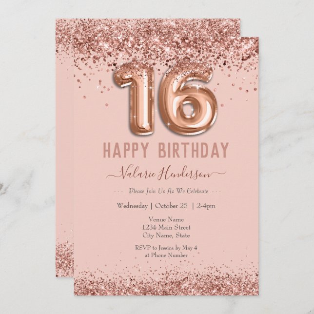  Rosa Glitter Lycklig 16:e födelsedag (Fram/baksida)
