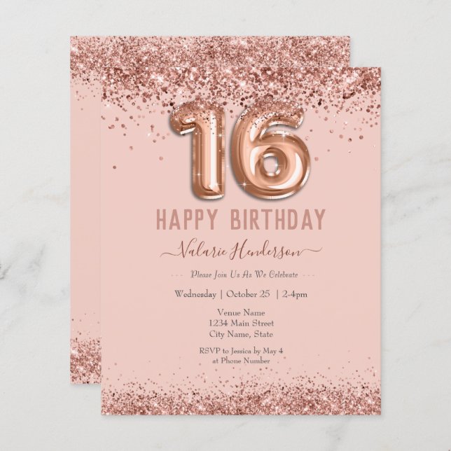  Rosa Glitter Lycklig 16:e födelsedag (Fram/baksida)