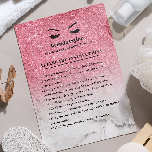 Rosa Glitter Marble Aftercare Instructions Visitkort (Skapare uppladdad)