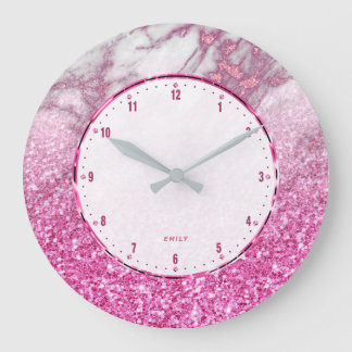 Rosa glitter med vit och rosa faux marble stor klocka