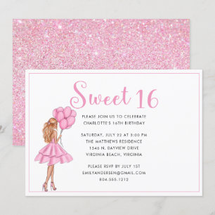 Rosa Glitter Modern Sweet 16 Födelsedagsfester Inbjudningar