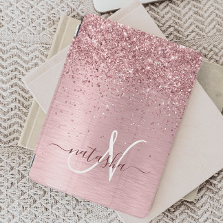 Rosa Glitter Monogram Namn Borstat Metall iPad Mini Skydd