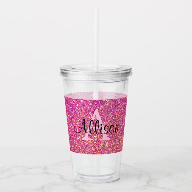 Rosa Glitter Monogram skript Namn Take Away Mugg (Framsida)