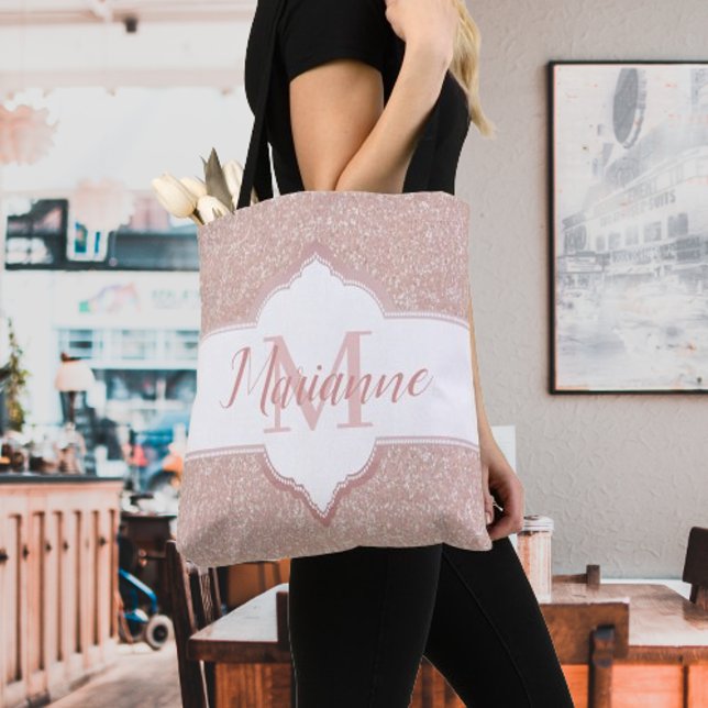 Rosa Glitter Monogram Tote Bag Tygkasse (Pink Glitter Monogram Tote Bag)