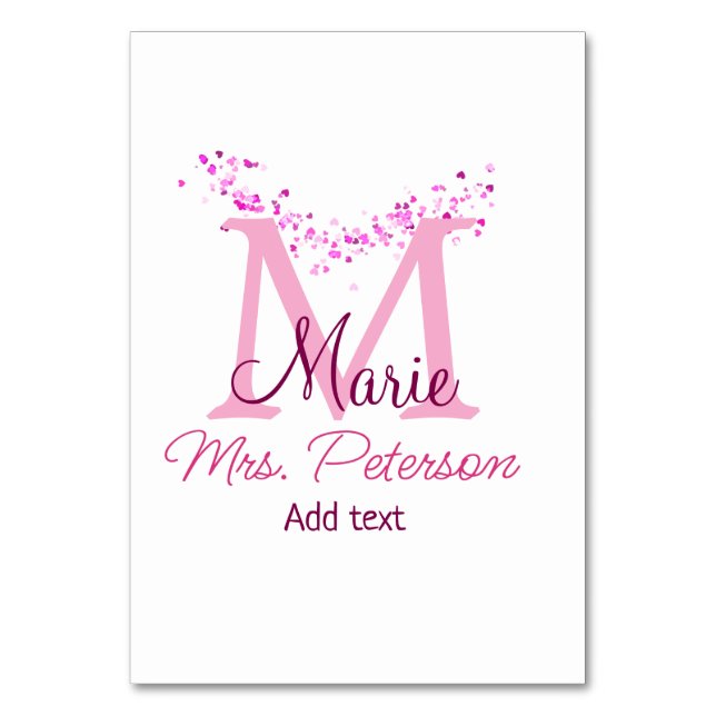 Rosa glitter-monogramlärare, Modern gi Bordsnummer (Framsidan)