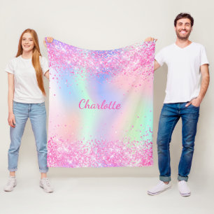 rosa glitter namn-skript, holografisk flicka fleecefilt