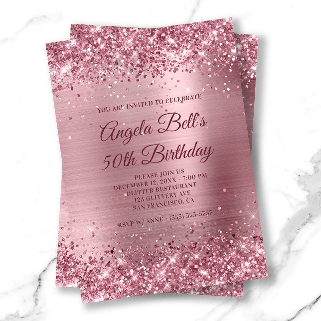 Rosa glitter och borstat folie 50-årsfirande inbjudningar (Pink Glitter and Brushed Foil 50th Birthday Invitation)