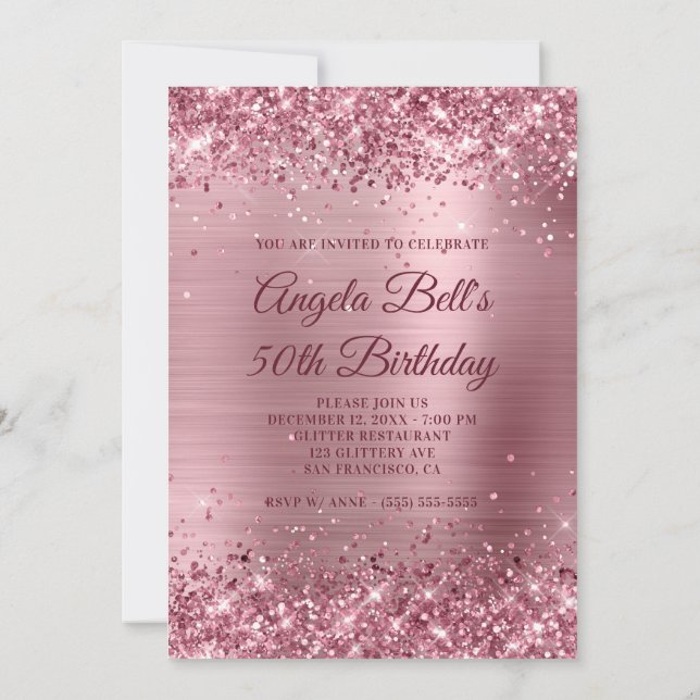 Rosa Glitter och Brushed Foil 50:e födelsedagen Inbjudningar (Baksida)