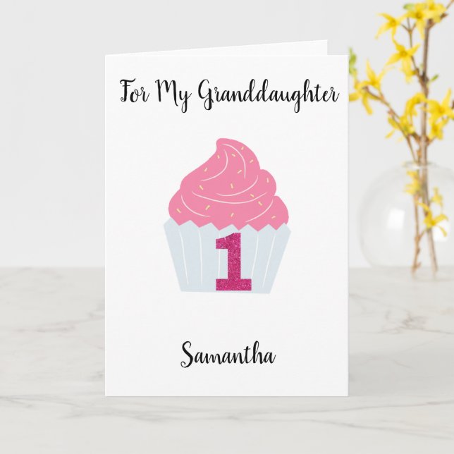 Rosa Glitter och Cupkaka 1:a födelsedag Kort (Gul blomma)