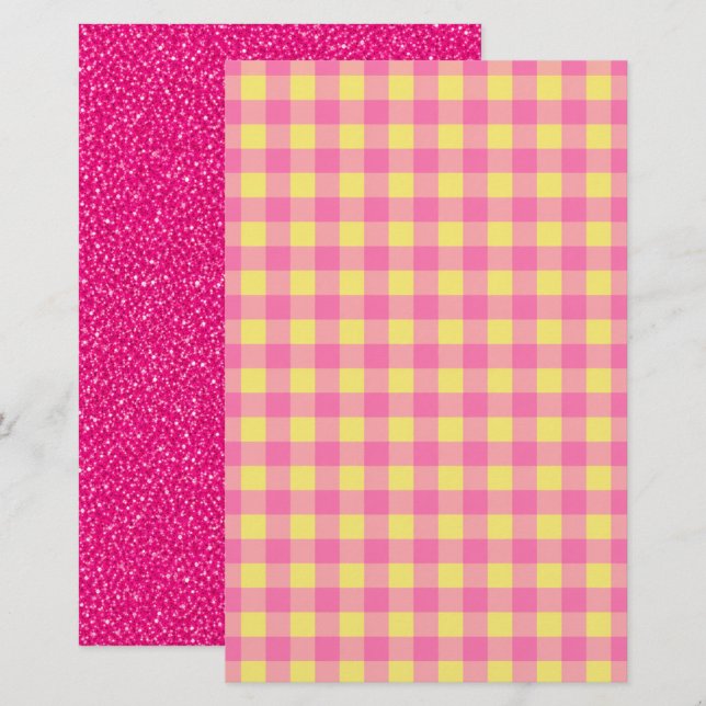 Rosa glitter och gingham vändbart scrapbookpapper (Fram/baksida)