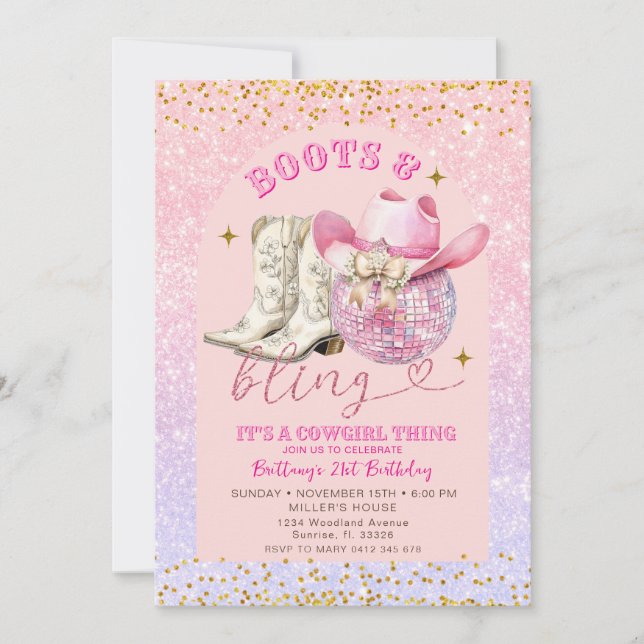 Rosa Glitter och Guld Boots och Bling Birthday Inbjudningar (Framsida)